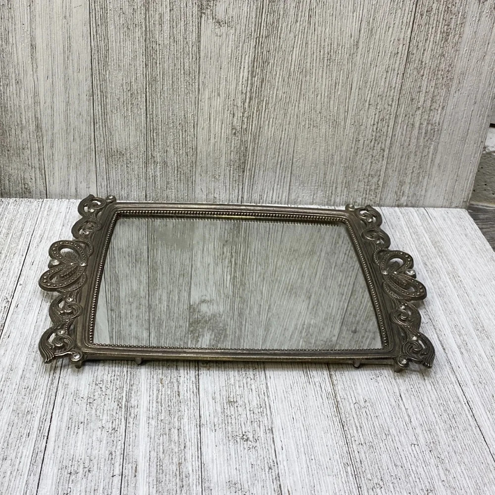 Vanity Silver Toned Rhinestone Crystal Vtg. Mirror Felt Antique - Picture 2 of 9